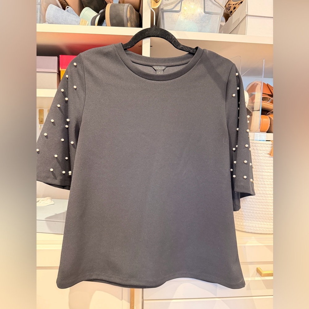 Ann Taylor Black Short Sleeve Top with Pearl Sleeve Detailing